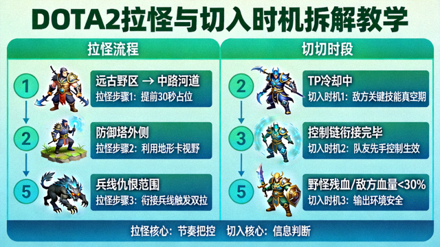 DOTA2拉怪与切入时机拆解教学示意图