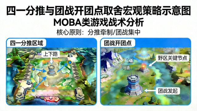 四一分推与团战开团点取舍的宏观策略示意图