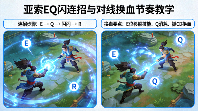 英雄联盟亚索EQ闪连招与对线换血节奏教学示意图